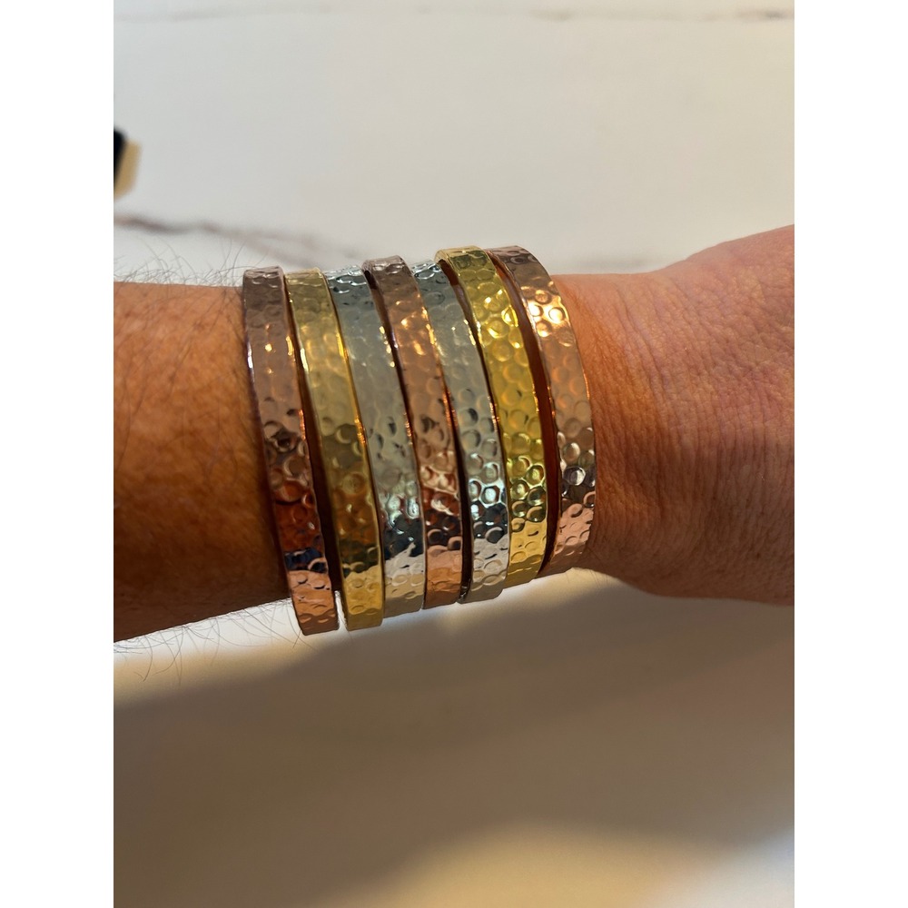 Tri-Color Hammered Metal Multi-Strand Cuff Bracelet Gold Silver Rose Gold Tone